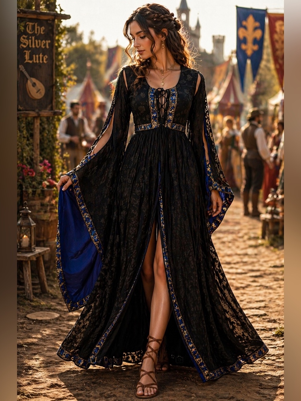 Victorian,Gothic Weighted Kaftan,Black & Blue,Exquisite Embroidery,Size Small